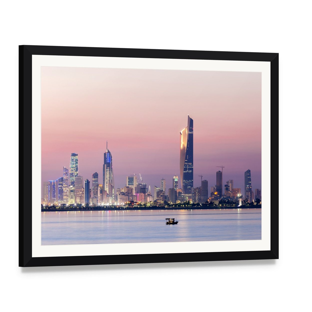 Skyline of Kuwait City at Night Canvas Wall Art, framed print with white mat and black frame, angled product view