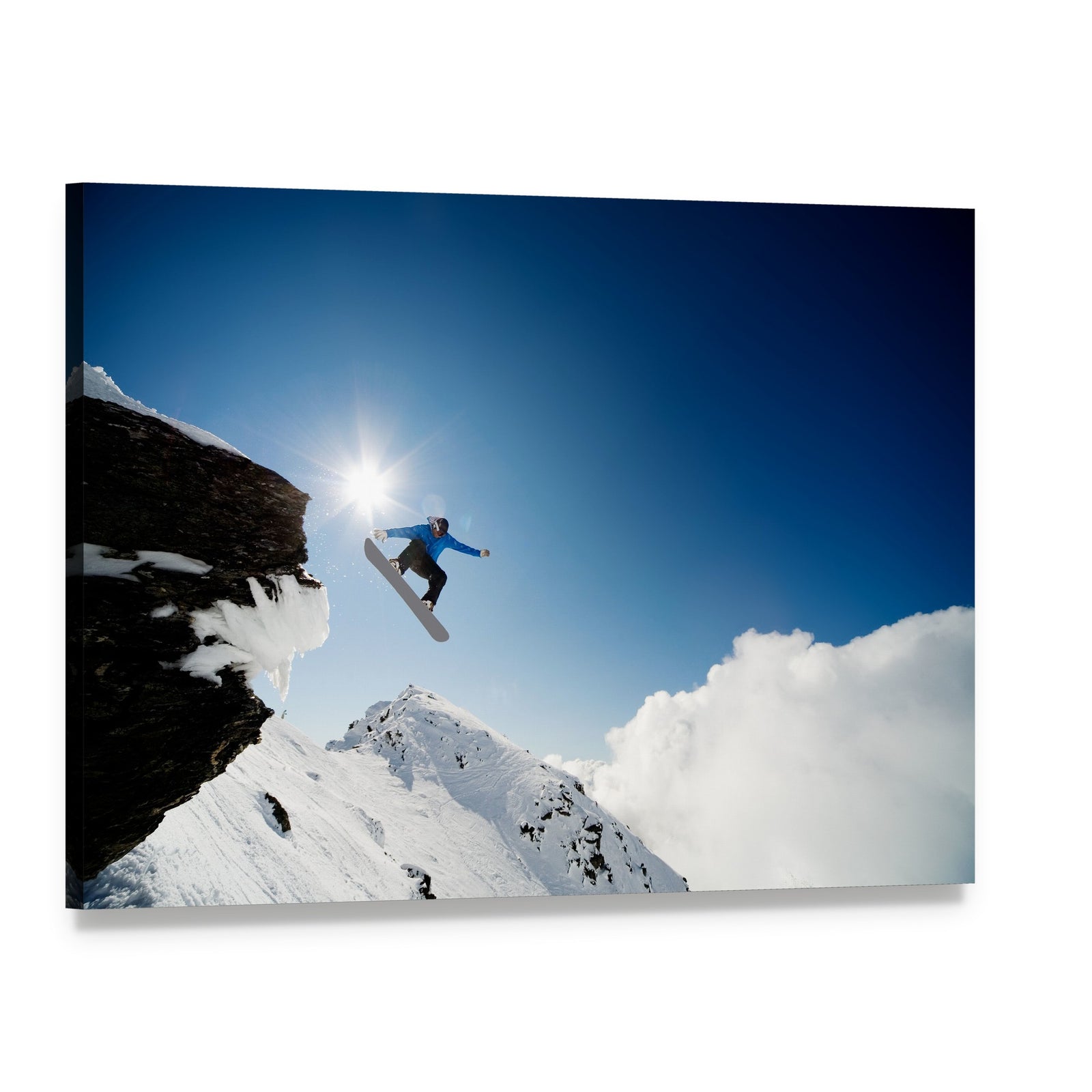 Snowboarder Jumping Through Air After Rock Drop Canvas Wall Art, single panel gallery wrapped canvas, angled product view