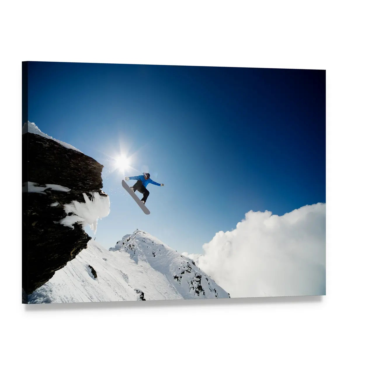 Snowboarder Mid-air After Rock Drop Canvas Wall Art, single panel gallery wrapped canvas, angled product view