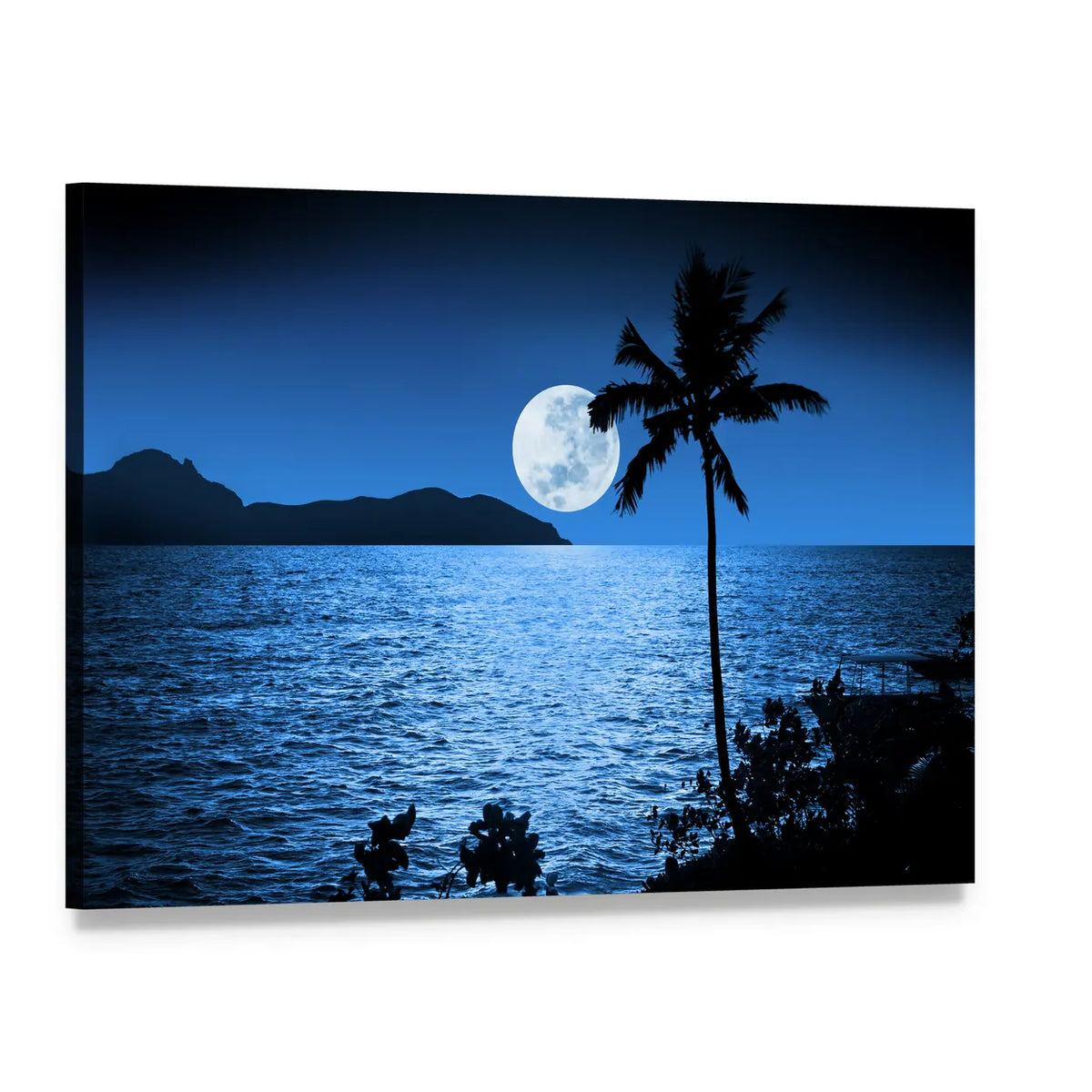 Full Moon Over Ocean Canvas Wall Art, single panel gallery wrapped canvas, angled product view
