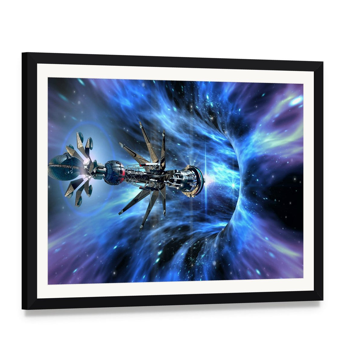 Futuristic Spacecraft Planet Canvas Wall Art, framed print with white mat and black frame, angled product view