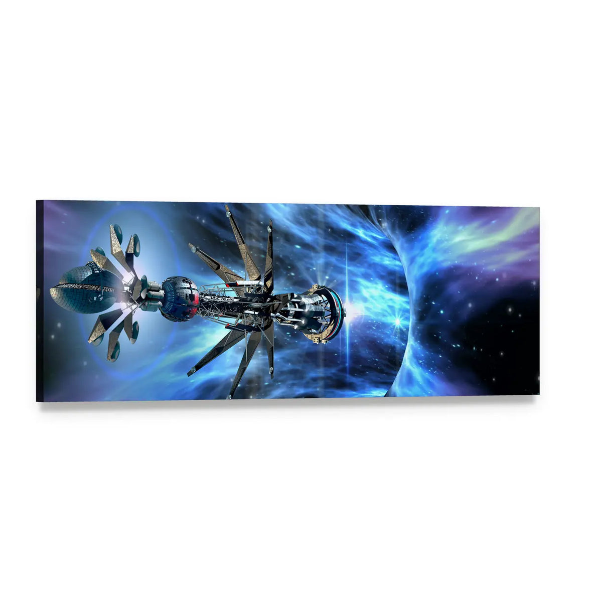 Futuristic Spacecraft Entering Wormhole Panoramic Canvas Wall Art, single panel gallery wrapped canvas, angled product view