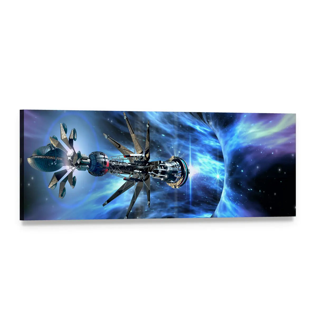 Futuristic Spacecraft Entering Wormhole Panoramic Canvas Wall Art, single panel gallery wrapped canvas, angled product view