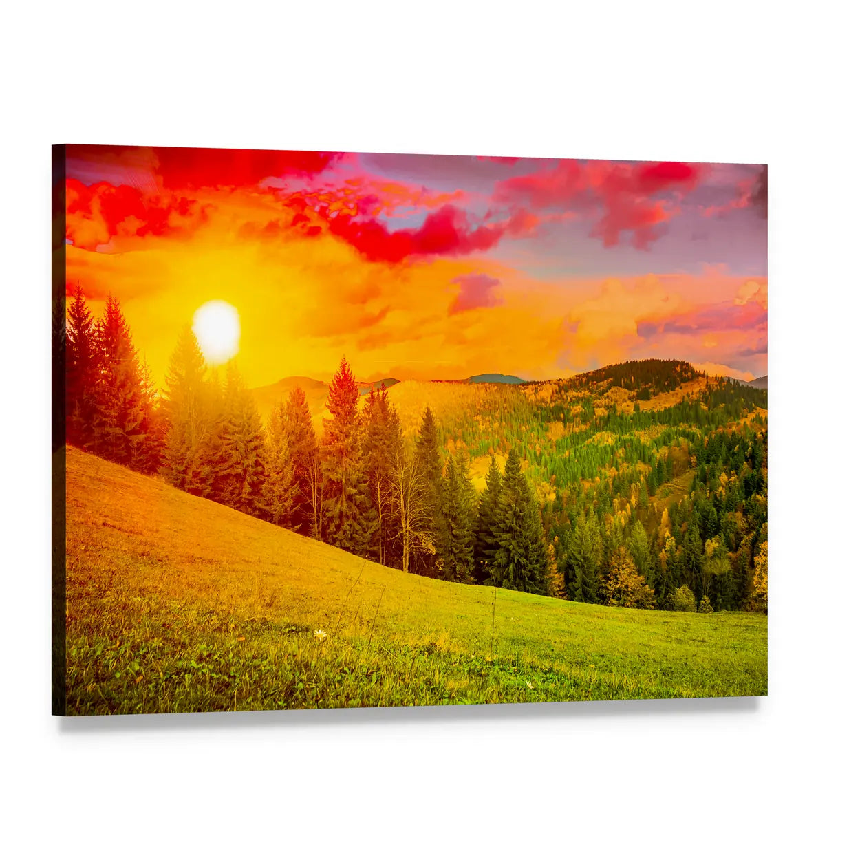 Sunlit Mountain at Sunset Canvas Wall Art, single panel gallery wrapped canvas, angled product view