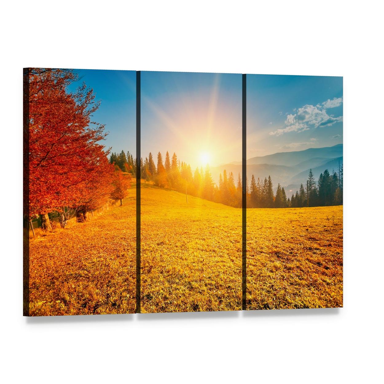Autumn Mountain Field at Sunset Canvas Wall Art, 3 panel 3 Horizontal layout gallery wrapped canvas set, angled product view