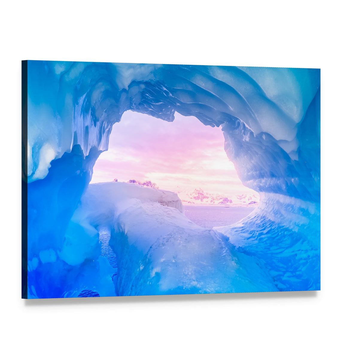 Serene Blue Ice Cave at Sunset Canvas Wall Art, single panel gallery wrapped canvas, angled product view