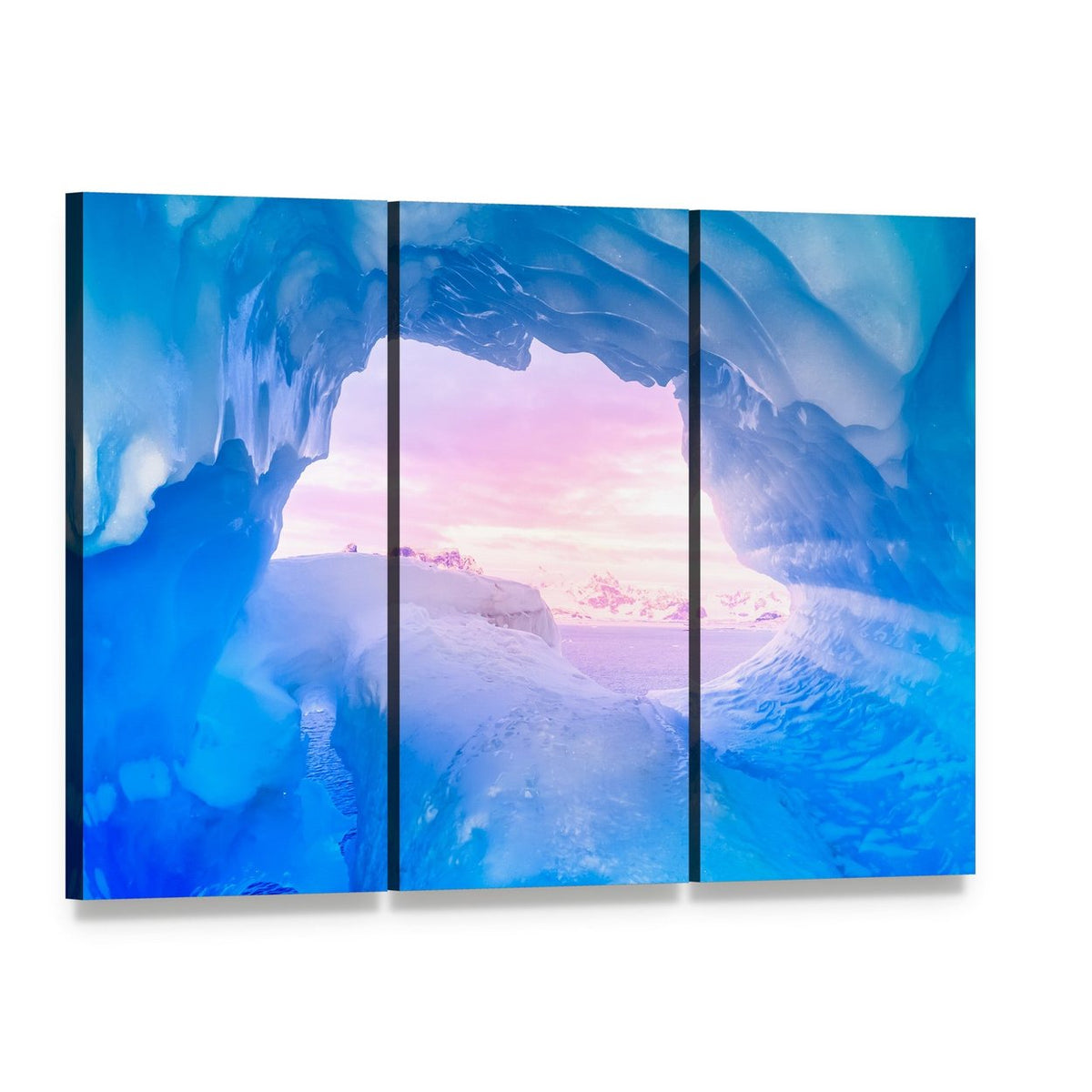 Serene Blue Ice Cave at Sunset Canvas Wall Art, 3 panel 3 Horizontal layout gallery wrapped canvas set, angled product view