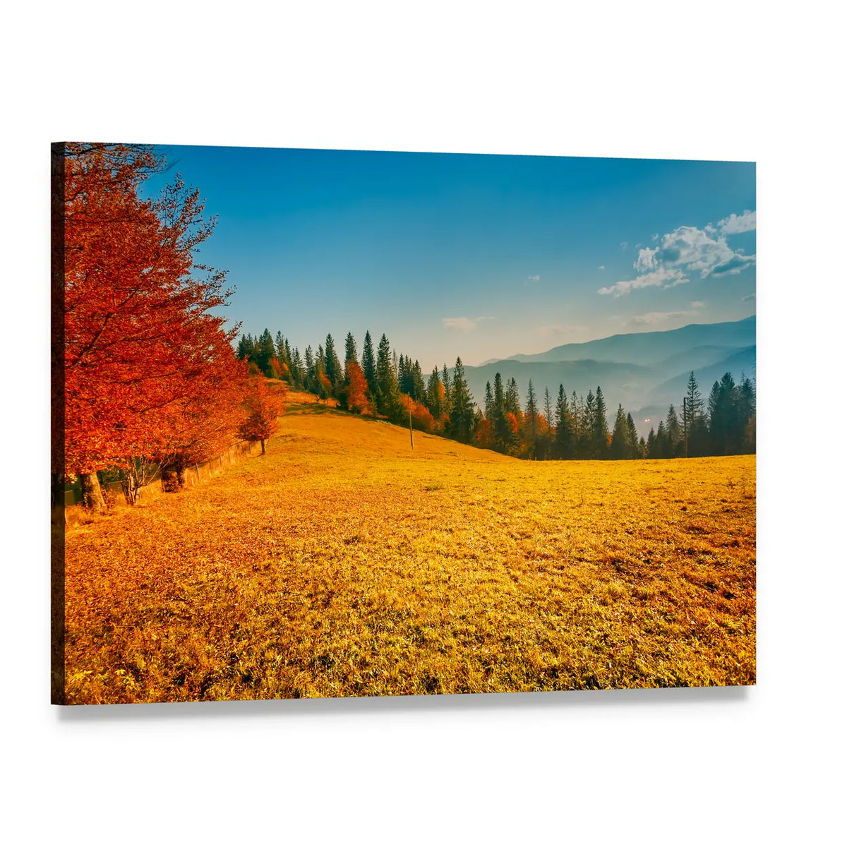 Colorful Autumn Landscape Canvas Wall Art, single panel gallery wrapped canvas, angled product view