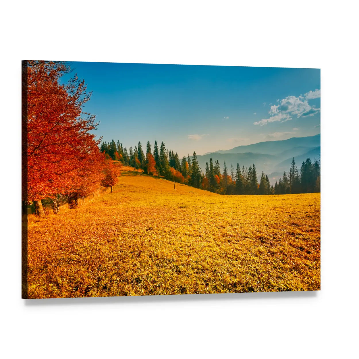 Colorful Autumn Landscape Canvas Wall Art, single panel gallery wrapped canvas, angled product view