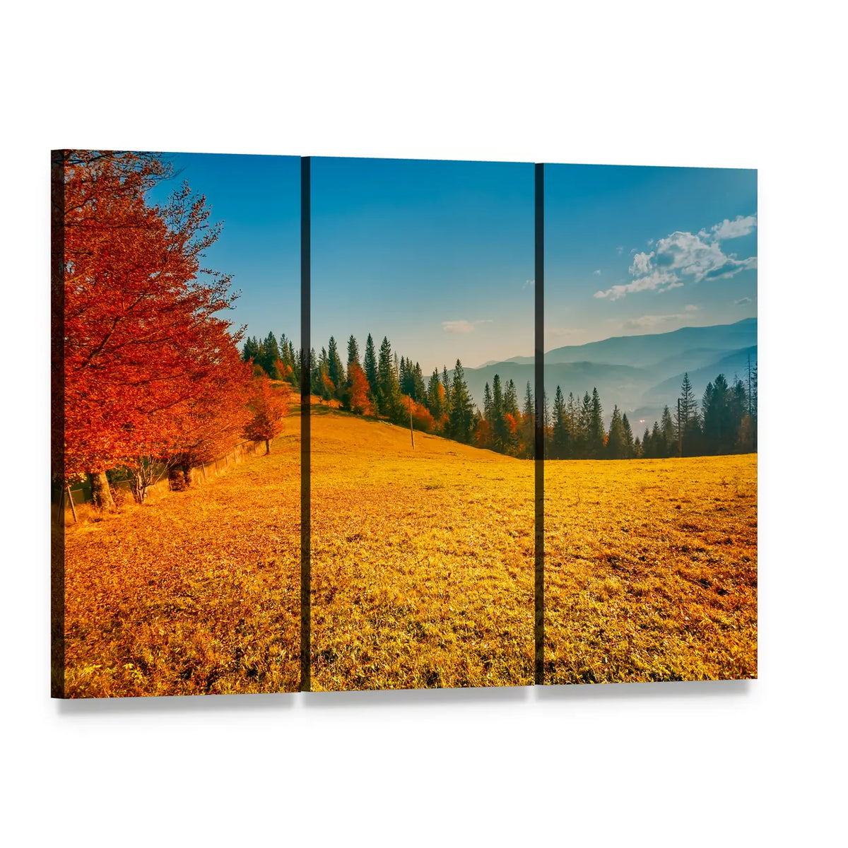 Colorful Autumn Landscape Canvas Wall Art, 3 panel 3 Horizontal layout gallery wrapped canvas set, angled product view