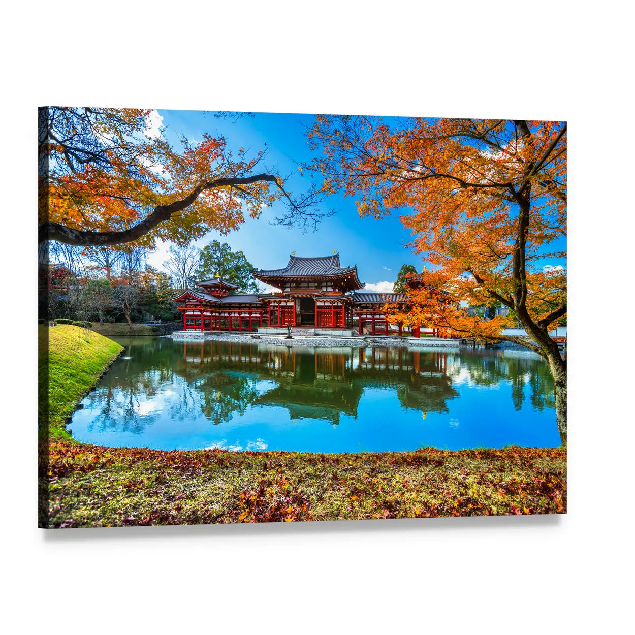 Byodo-in Temple Reflection Canvas Wall Art, single panel gallery wrapped canvas, angled product view