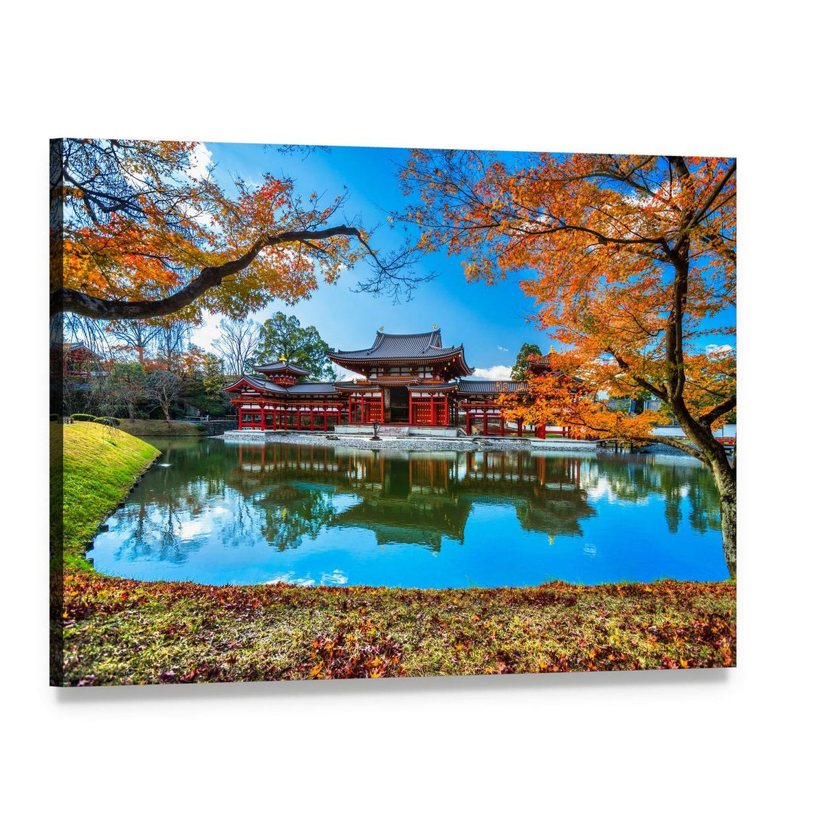 Byodo-in Temple Autumn Reflection Canvas Wall Art, single panel gallery wrapped canvas, angled product view