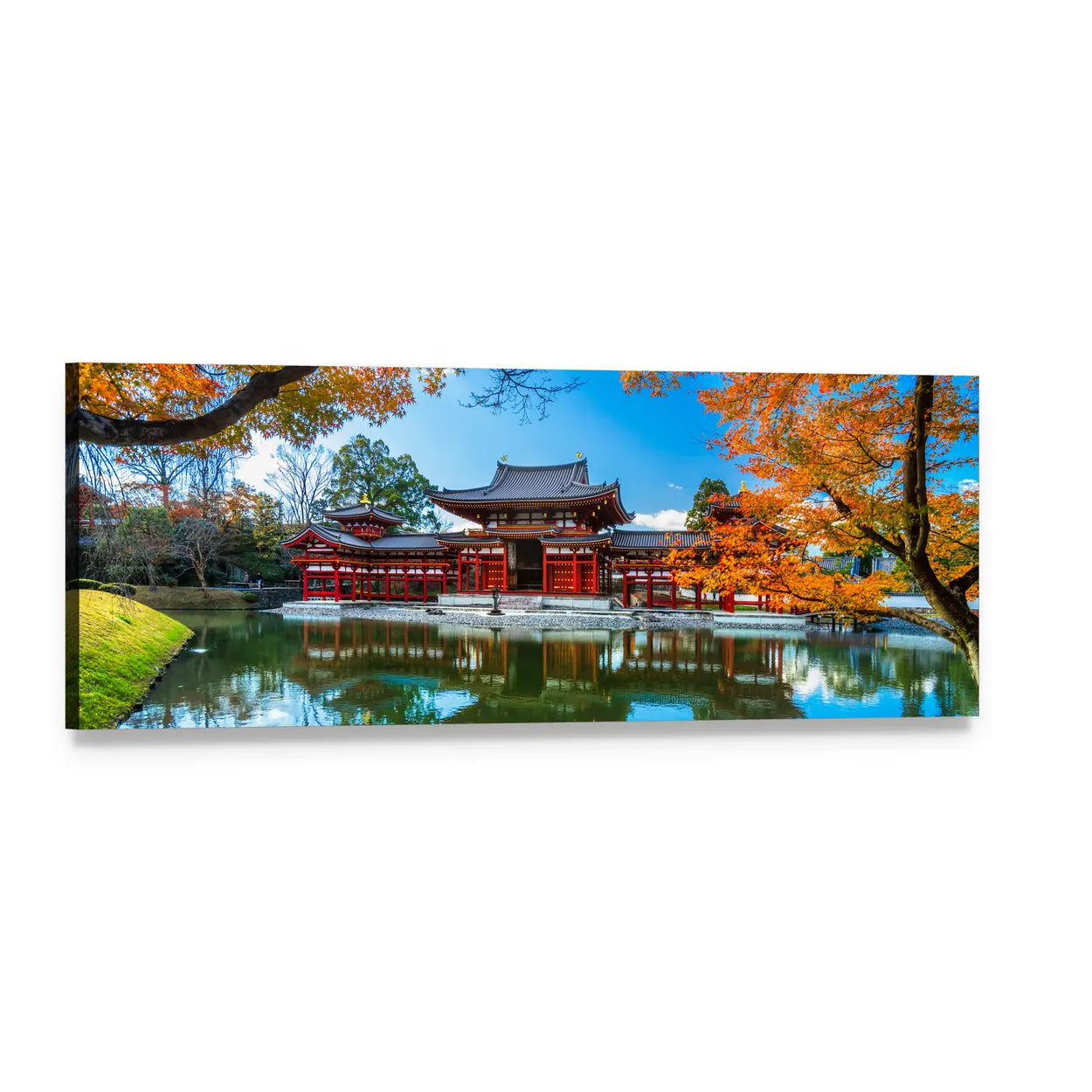 Byodo-in Temple in Autumn Panoramic Canvas Wall Art, single panel gallery wrapped canvas, angled product view