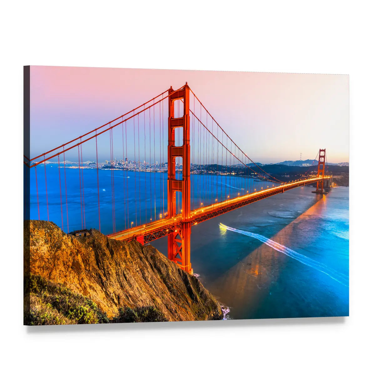 Golden Gate Bridge at Dusk Canvas Wall Art, single panel gallery wrapped canvas, angled product view