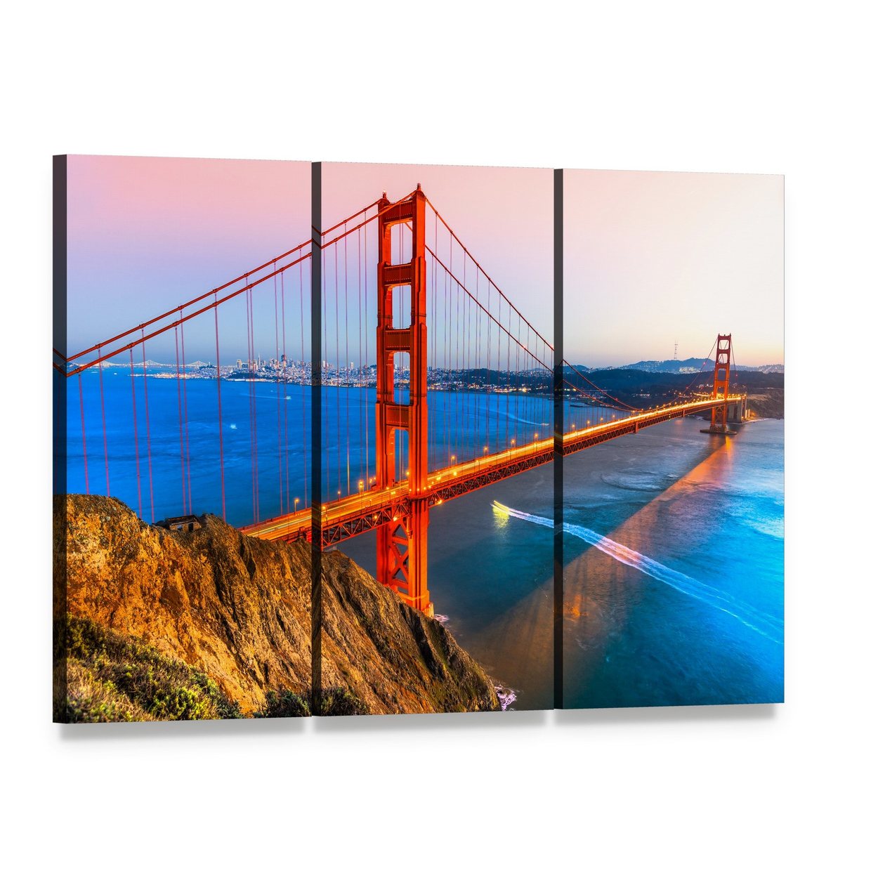 Golden Gate Bridge and San Francisco Skyline Canvas Wall Art, 3 panel 3 Horizontal layout gallery wrapped canvas set, angled product view