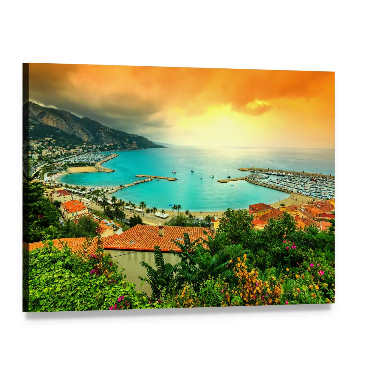 Sunset Over Azur Coast Canvas Wall Art, single panel gallery wrapped canvas, angled product view