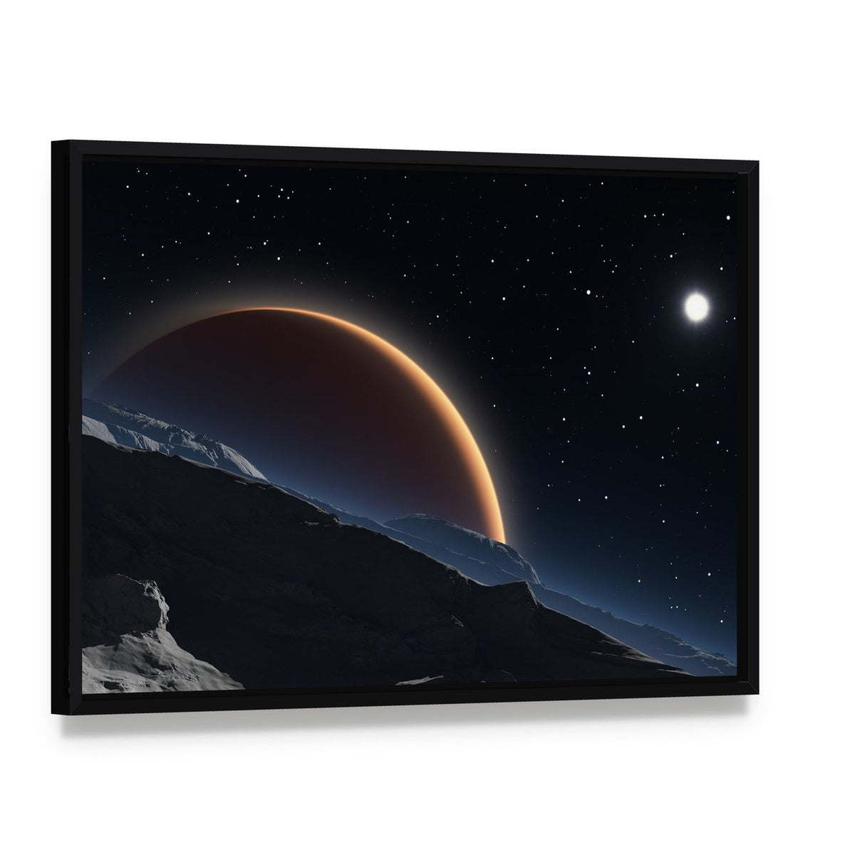 Phobos and the Red Planet Mars Canvas Wall Art, framed canvas in a black floater frame, angled product view