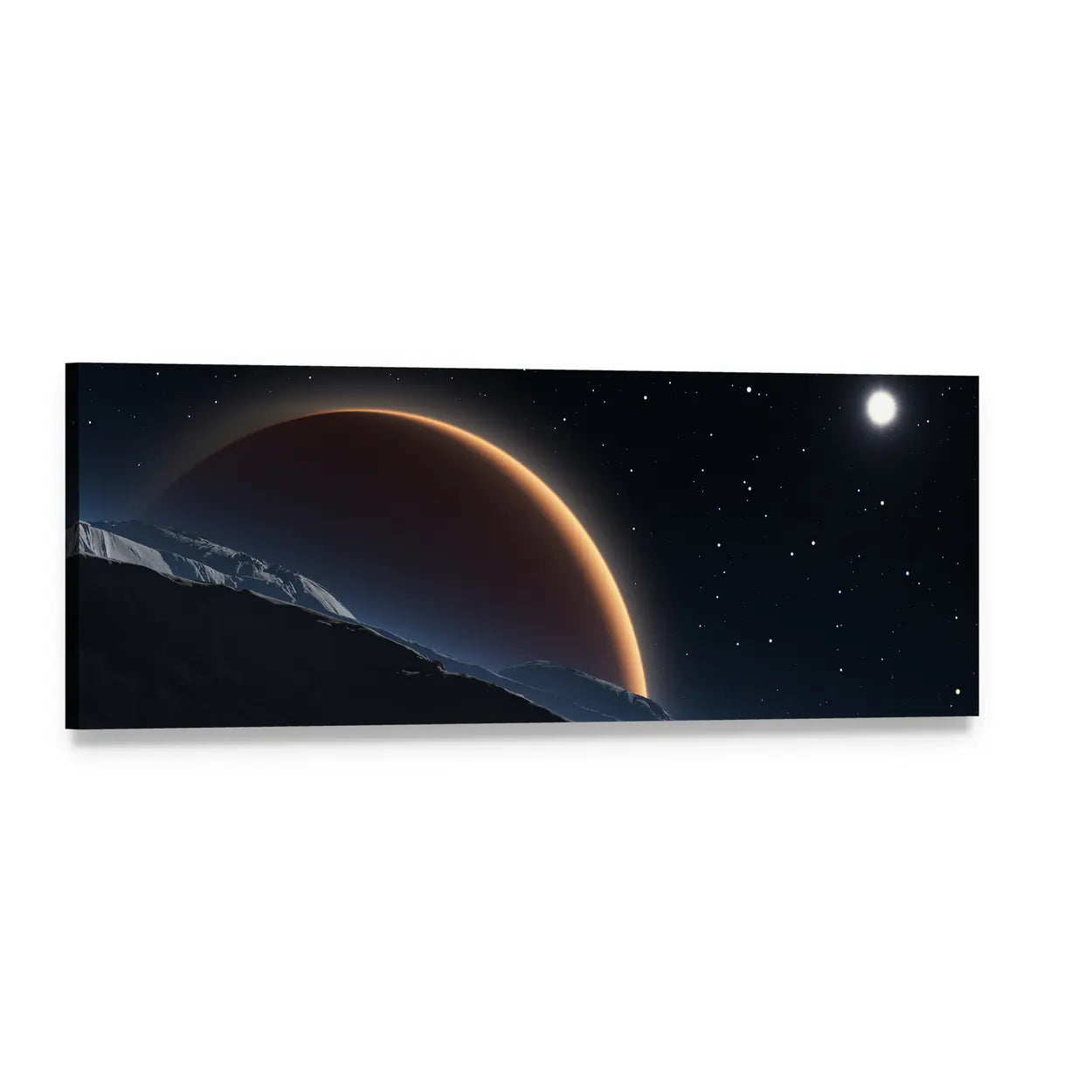 Red Planet Over Silhouetted Mountains Panoramic Canvas Wall Art, single panel gallery wrapped canvas, angled product view