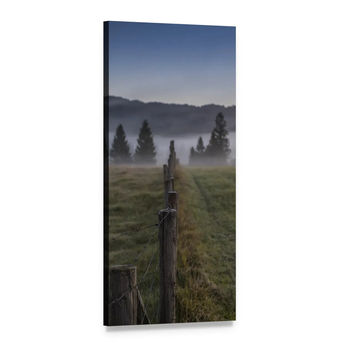 Pasture Fence in Morning Mist Vertical Canvas Wall Art, 1 panel 1 Vertical layout gallery wrapped canvas set, angled product view