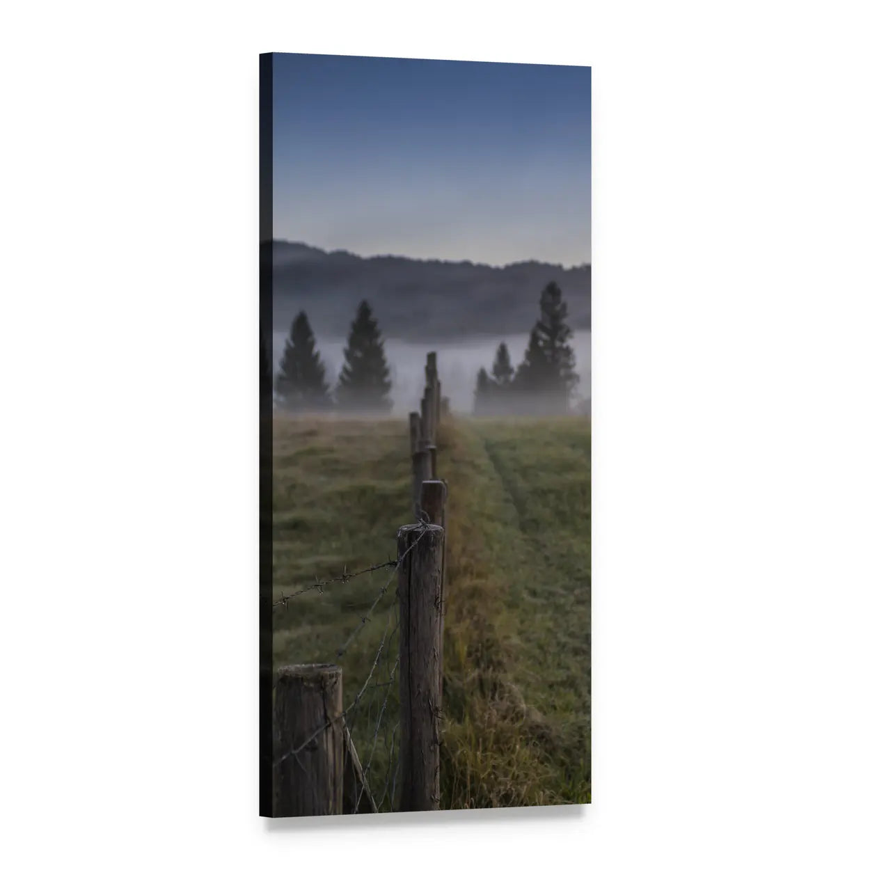 Pasture Fence in Morning Mist Vertical Canvas Wall Art, 1 panel 1 Vertical layout gallery wrapped canvas set, angled product view