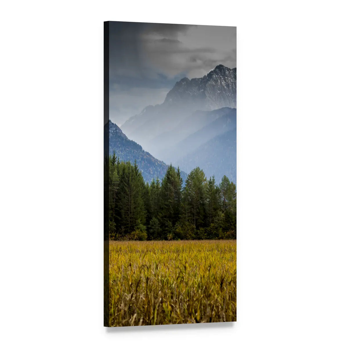 Misty Alpine Mountains and Pine Forest Vertical Canvas Wall Art, 1 panel 1 Vertical layout gallery wrapped canvas set, angled product view