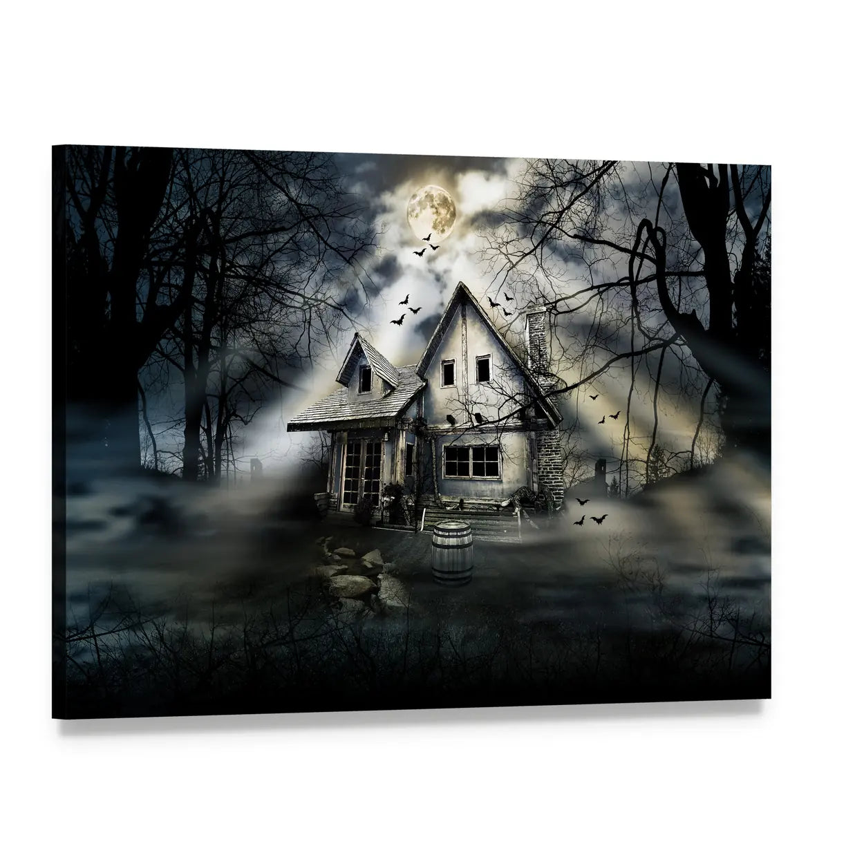 Moonlit Old Haunted House Canvas Wall Art, single panel gallery wrapped canvas, angled product view