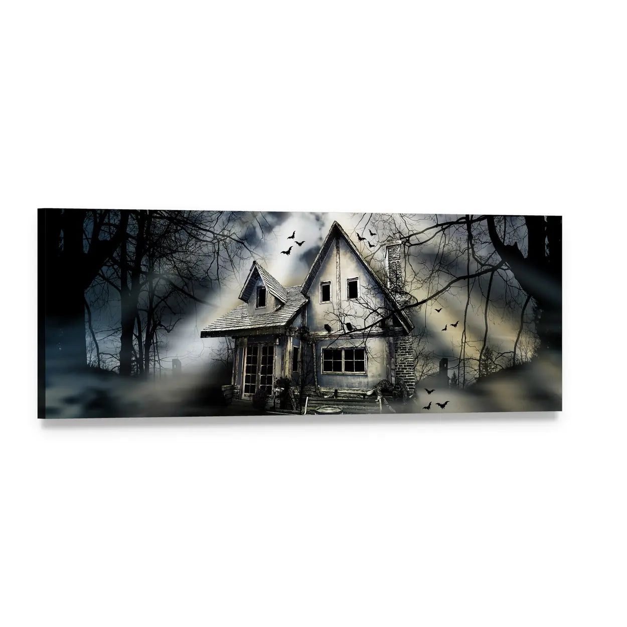 Old Haunted House at Night Panoramic Canvas Wall Art, single panel gallery wrapped canvas, angled product view