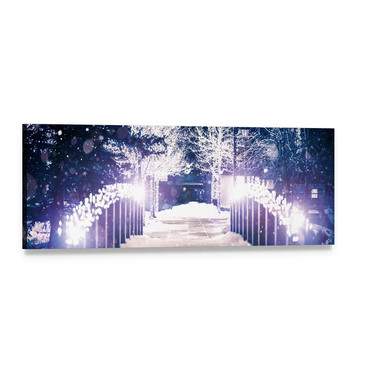 Park Bridge Holiday Illumination Panoramic Canvas Wall Art, single panel gallery wrapped canvas, angled product view