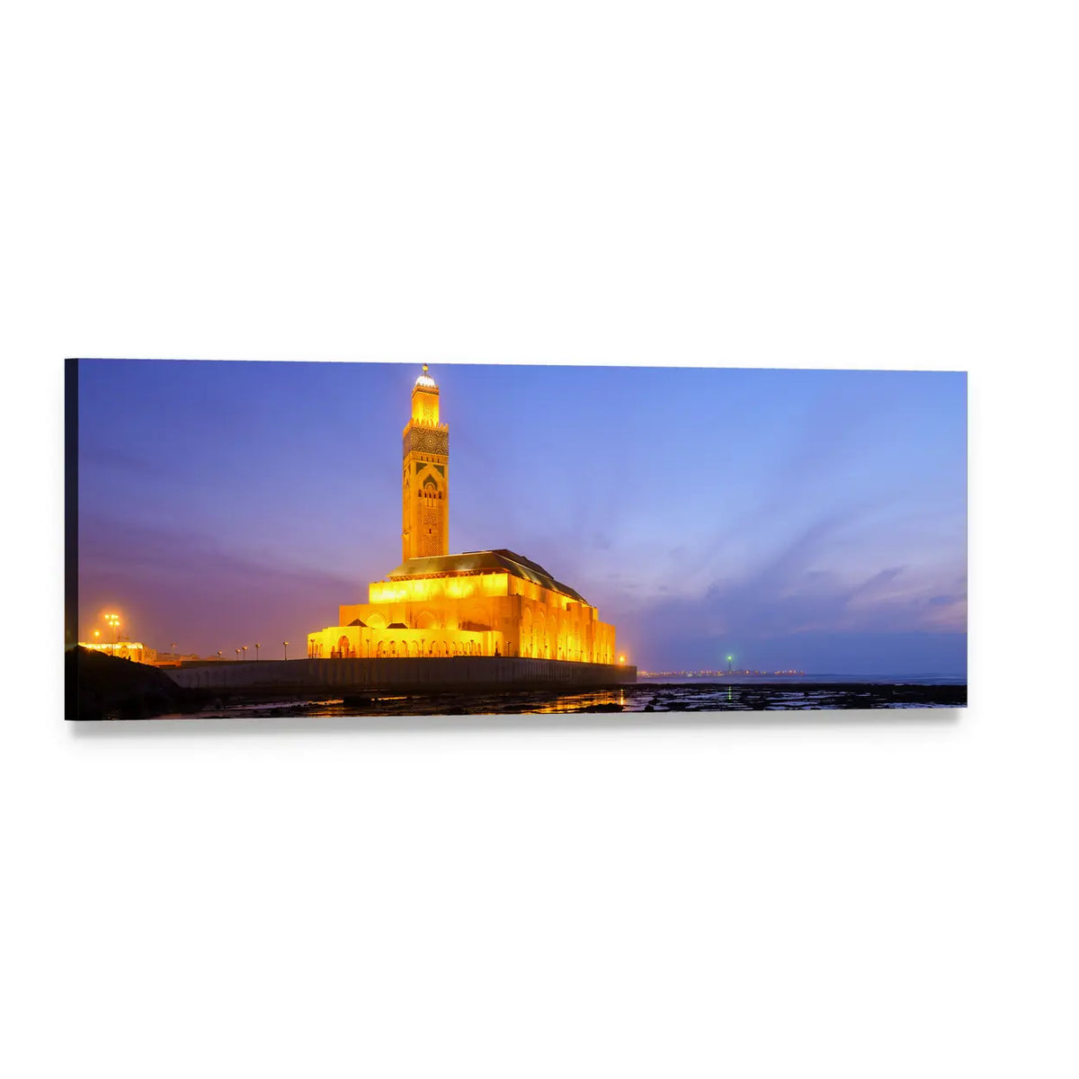 Hassan Ii Mosque at Night Panoramic Canvas Wall Art, single panel gallery wrapped canvas, angled product view