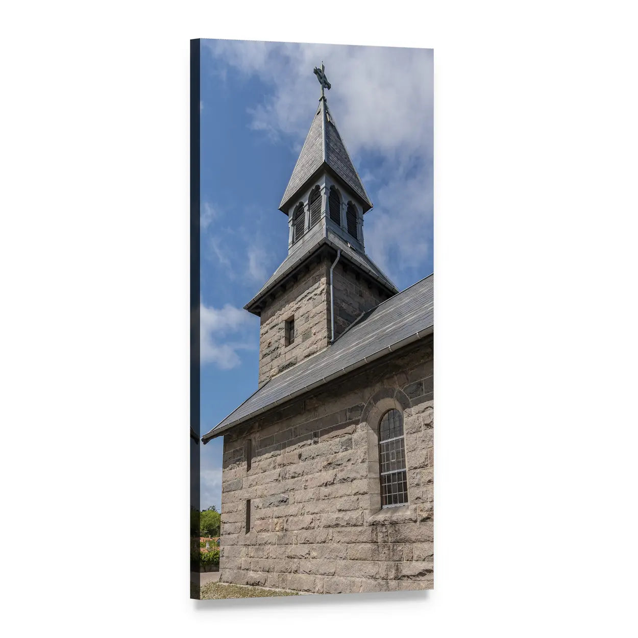Weathered Stone Church Steeple with Iron Cross Vertical Canvas Wall Art, 1 panel 1 Vertical layout gallery wrapped canvas set, angled product view