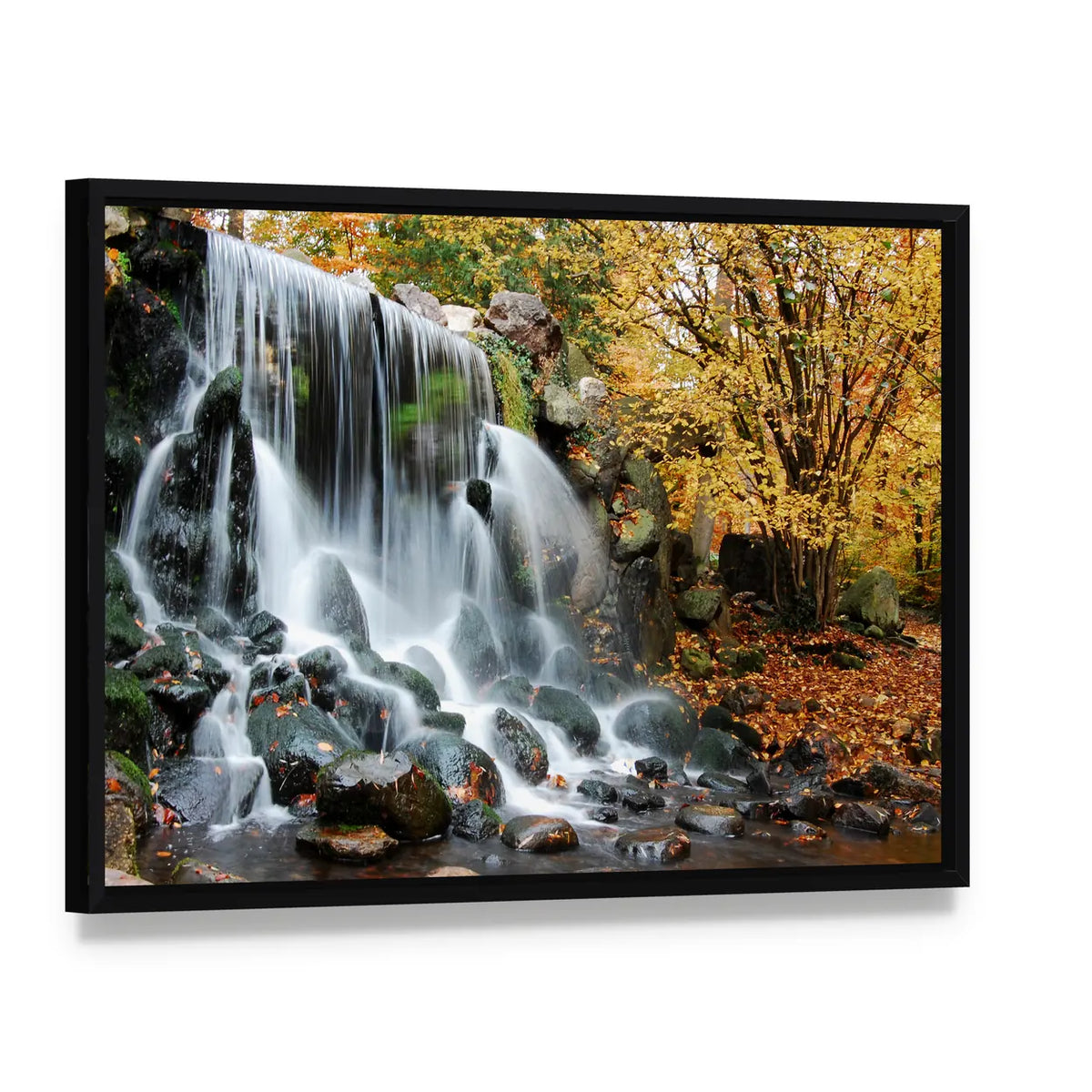 Autumn Waterfall in Sonsbeek Park Arnhem Canvas Wall Art, framed canvas in a black floater frame, angled product view