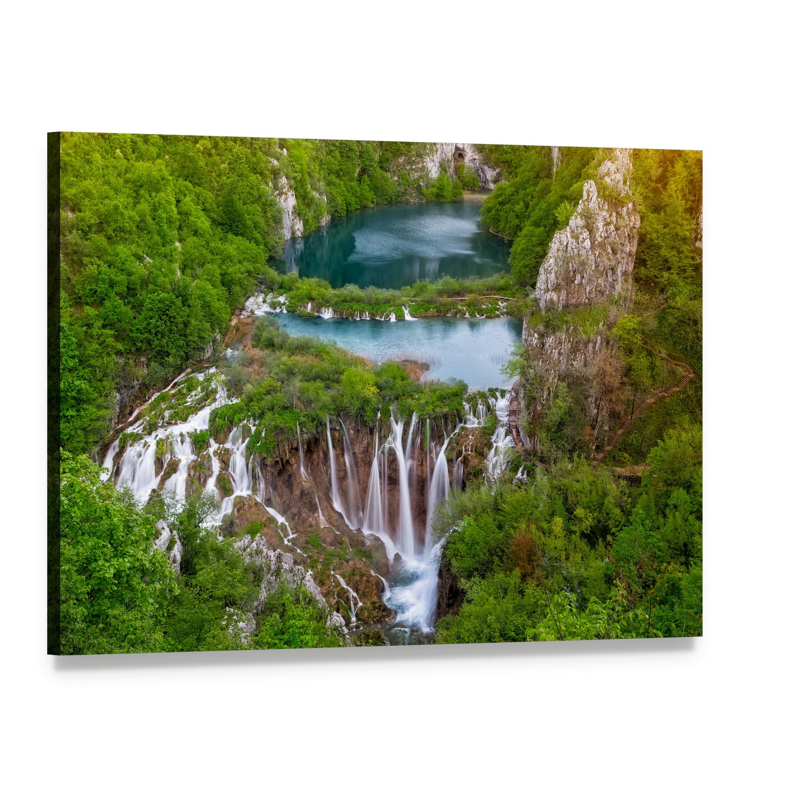 Cascading Waterfalls at Plitvice Canvas Wall Art, single panel gallery wrapped canvas, angled product view