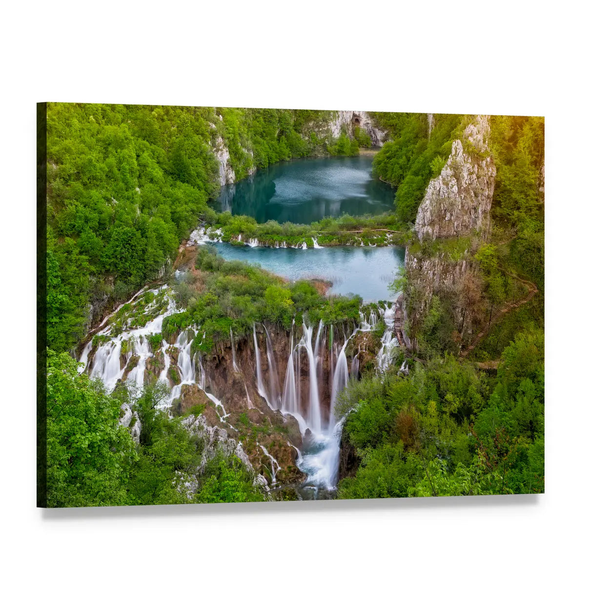 Plitvice Waterfalls and Turquoise Lakes Canvas Wall Art, single panel gallery wrapped canvas, angled product view