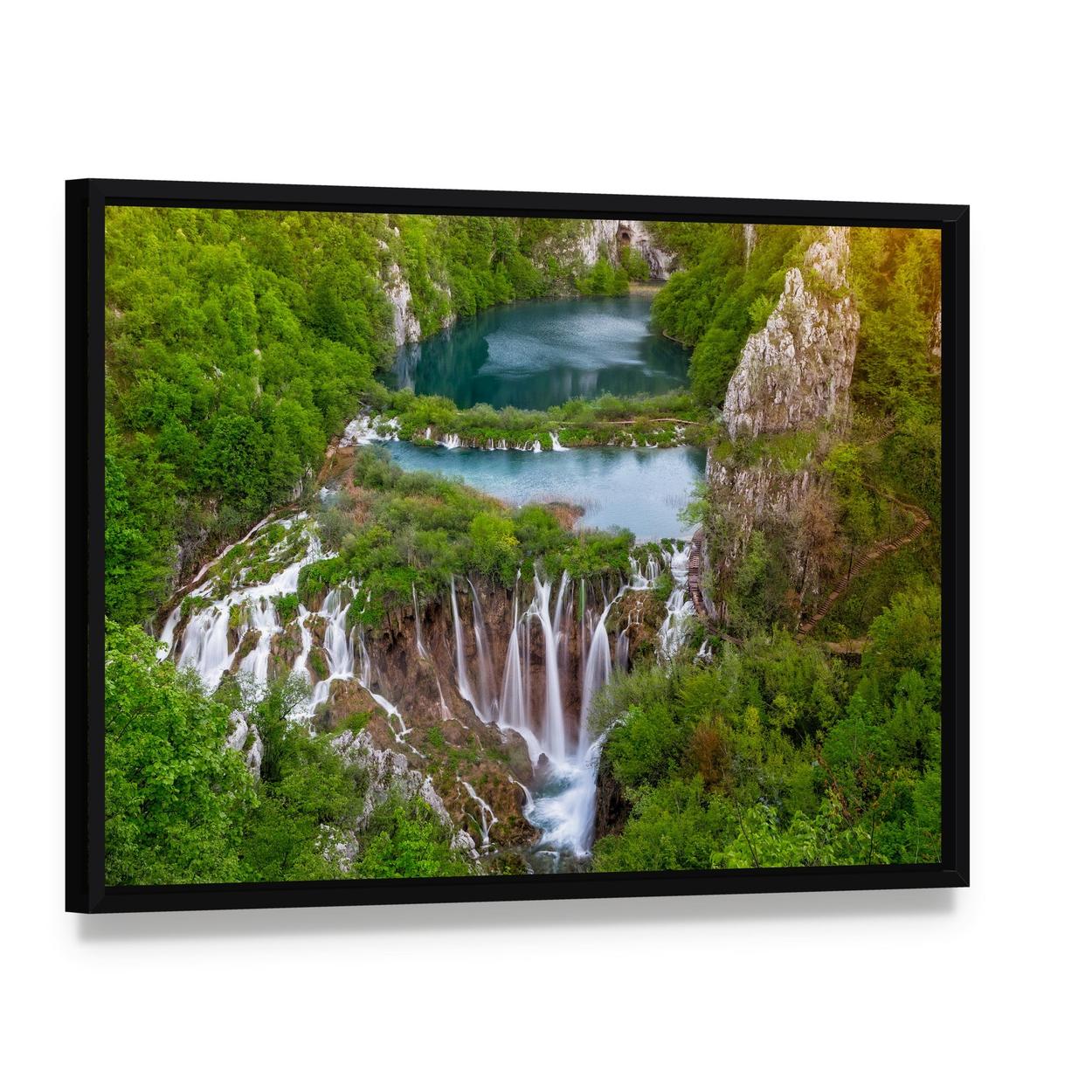 Cascading Waterfalls at Plitvice Canvas Wall Art, framed canvas in a black floater frame, angled product view