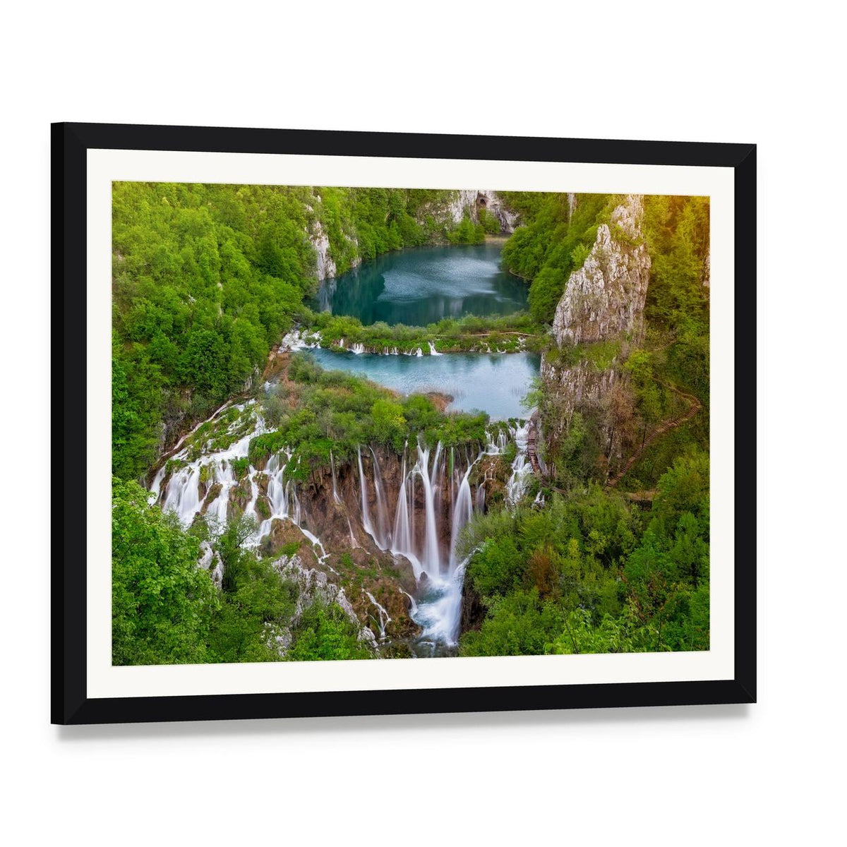 Cascading Waterfalls at Plitvice Canvas Wall Art, framed print with white mat and black frame, angled product view