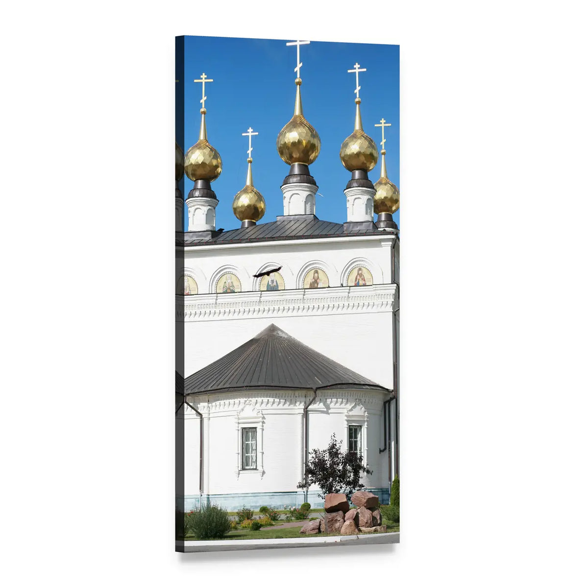 Russian Orthodox Church with Five Golden Onion Domes Vertical Canvas Wall Art, 1 panel 1 Vertical layout gallery wrapped canvas set, angled product view
