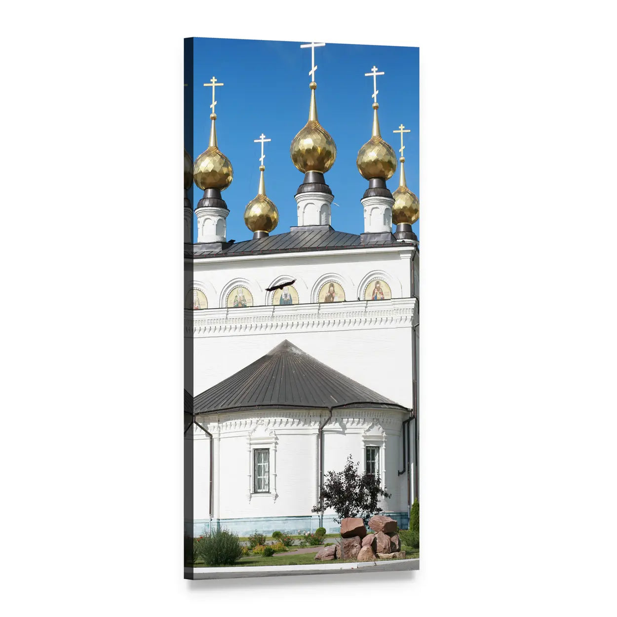 Russian Orthodox Church with Five Golden Onion Domes Vertical Canvas Wall Art, 1 panel 1 Vertical layout gallery wrapped canvas set, angled product view
