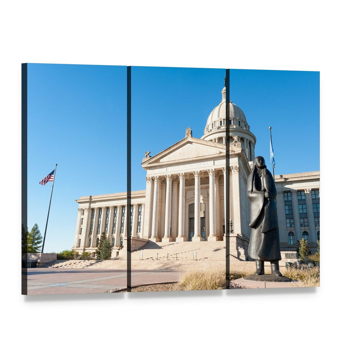 Oklahoma State Capitol Dome and Bronze Statue Canvas Wall Art, 3 panel 3 Horizontal layout gallery wrapped canvas set, angled product view