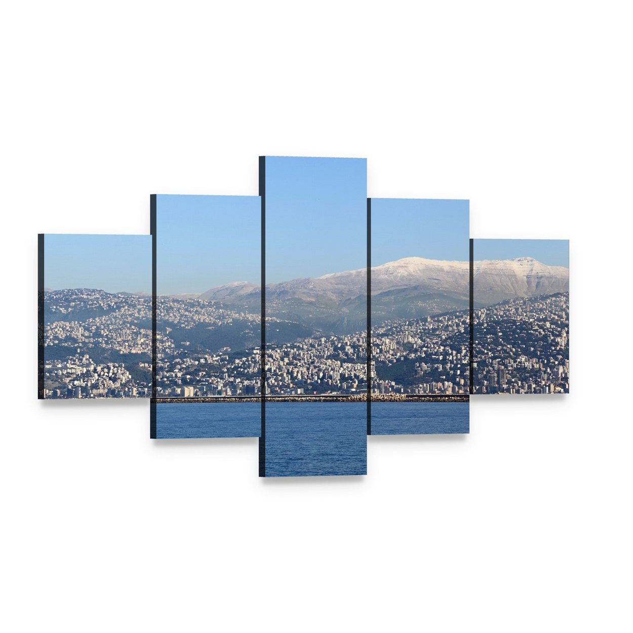 Lebanon Mountains with City and Lake Canvas Wall Art, 5 panel 5 Star layout gallery wrapped canvas set, angled product view