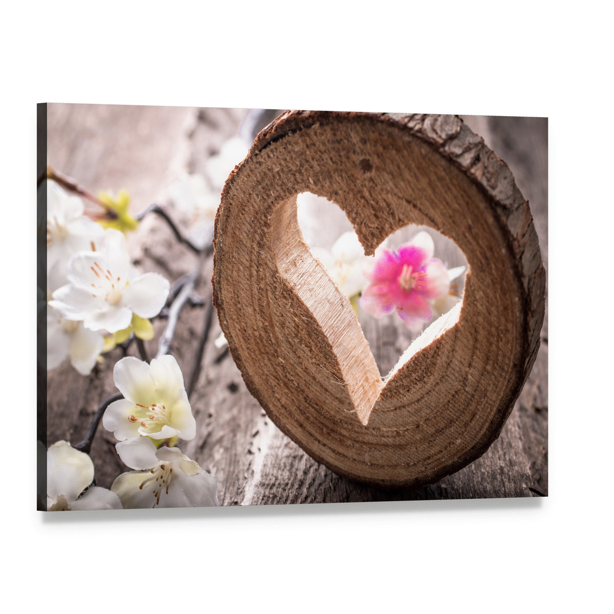 Heart on Rustic Wood Canvas Wall Art, single panel gallery wrapped canvas, angled product view