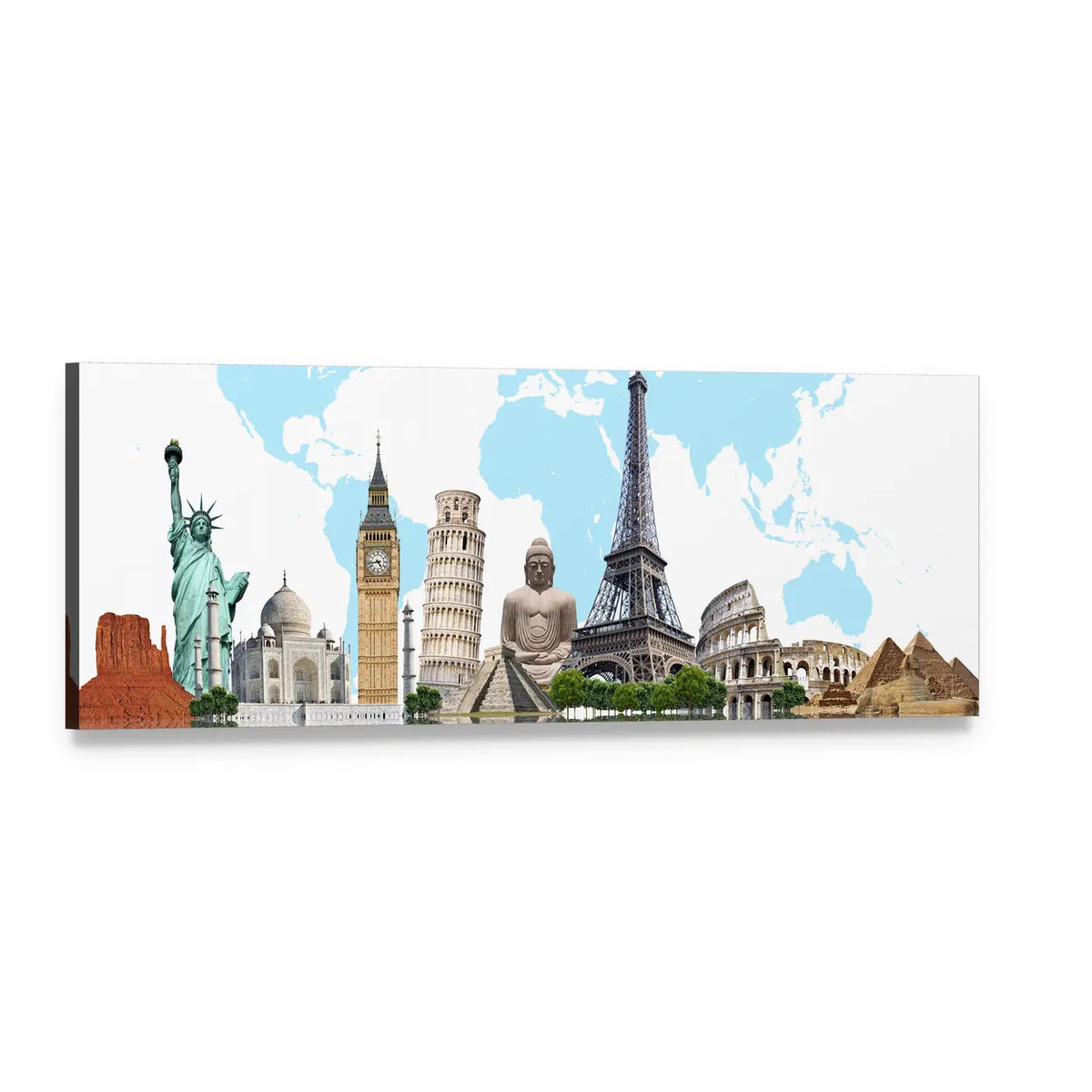 Famous Monuments of the World Panoramic Canvas Wall Art, single panel gallery wrapped canvas, angled product view