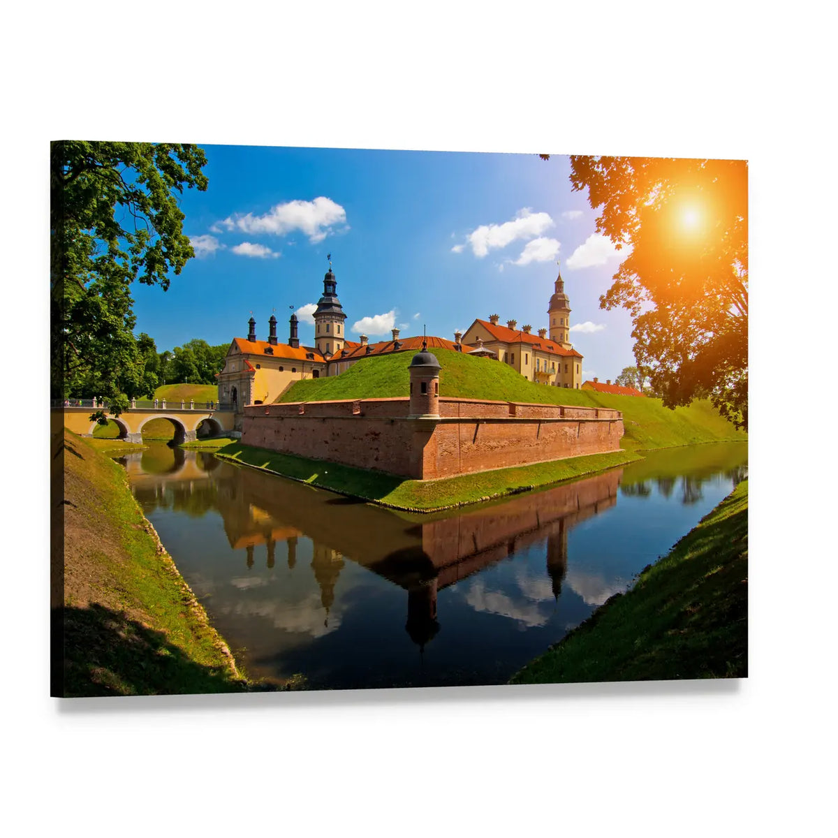 Belarus Castle with Moat Canvas Wall Art, single panel gallery wrapped canvas, angled product view