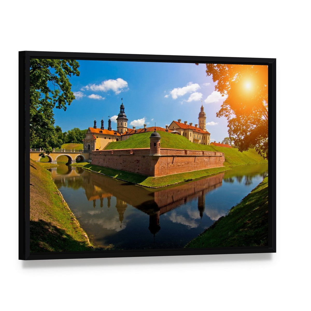 Belarus Castle with Moat Canvas Wall Art, framed canvas in a black floater frame, angled product view