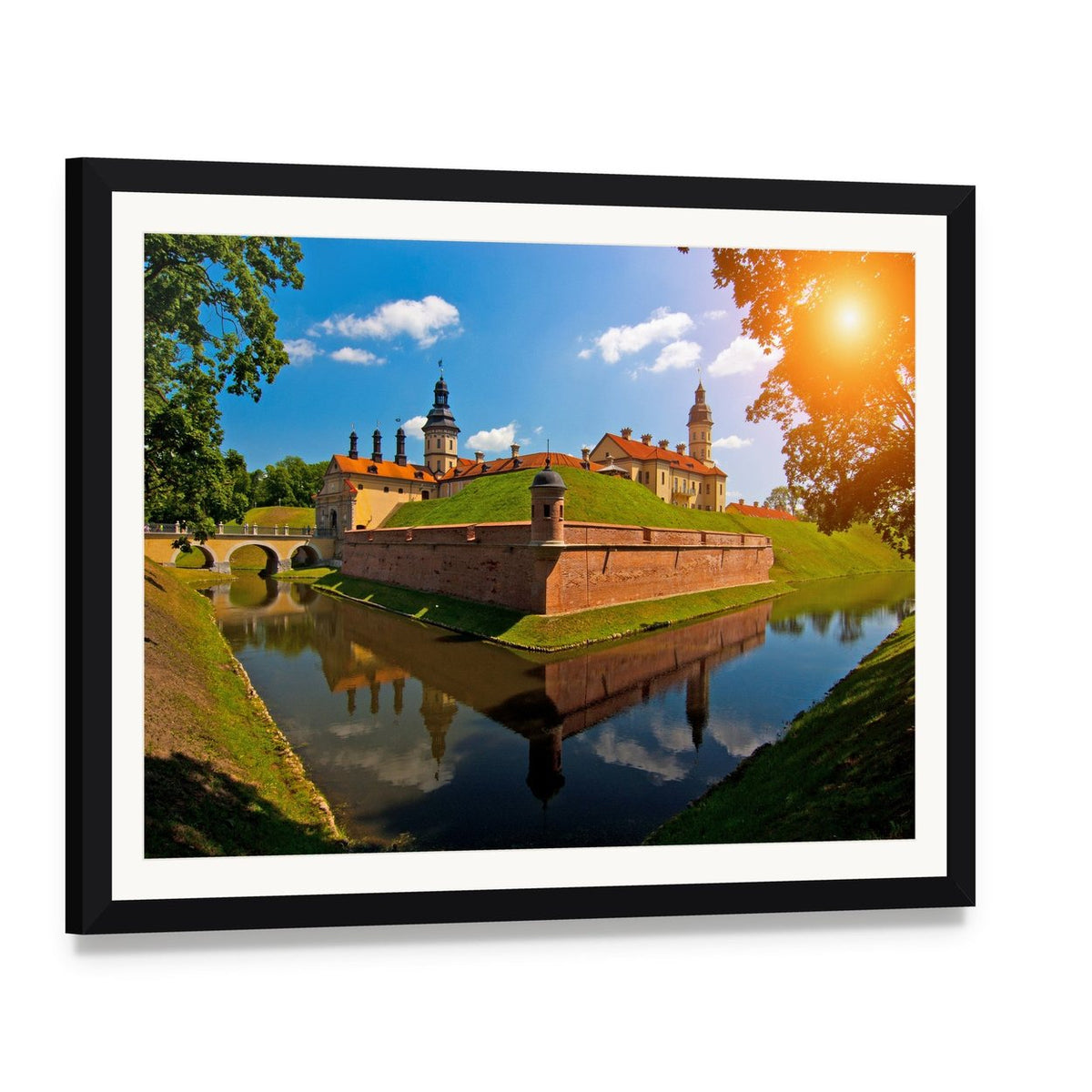 Belarus Castle with Moat Canvas Wall Art, framed print with white mat and black frame, angled product view