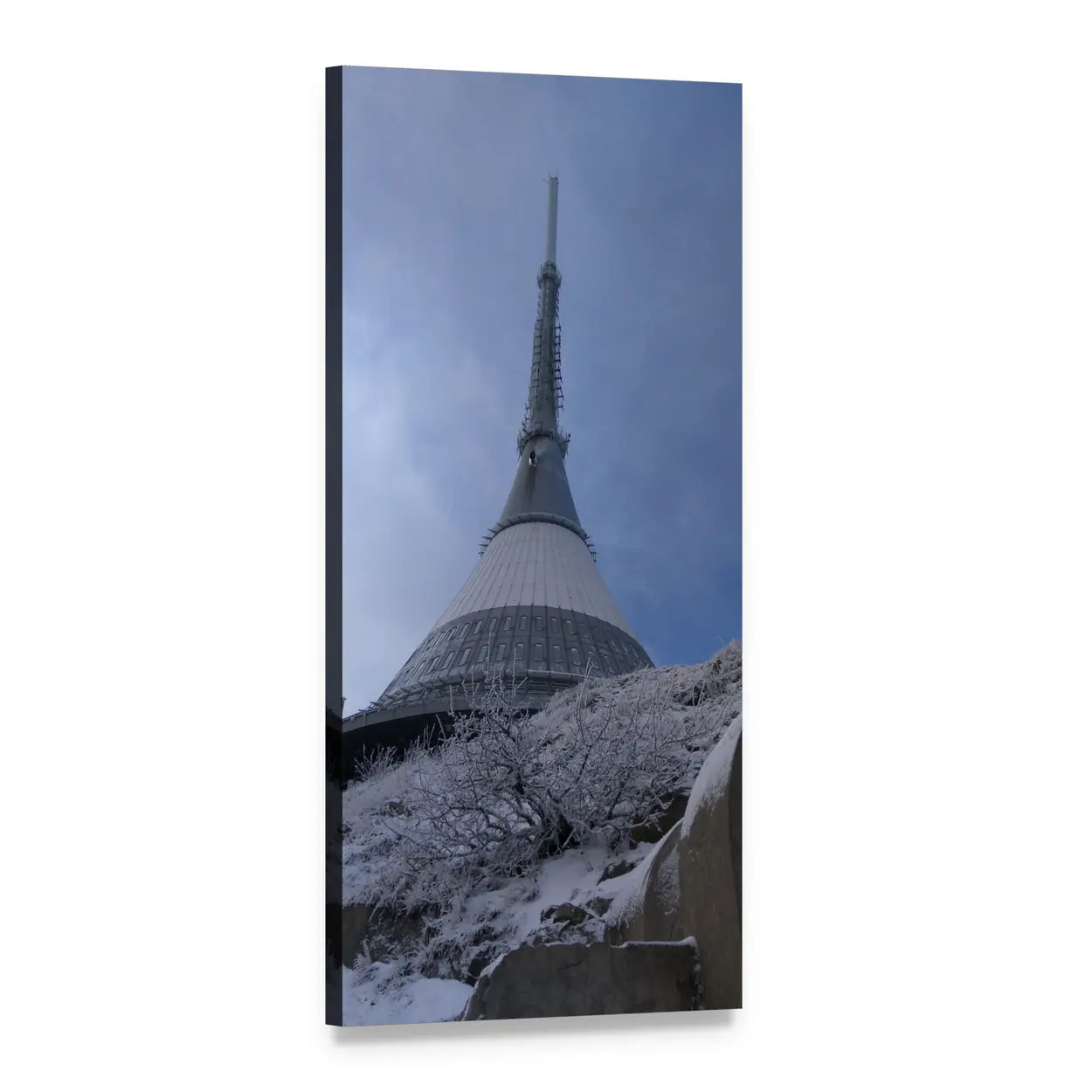 Ještěd Tower in Winter Vertical Canvas Wall Art, 1 panel 1 Vertical layout gallery wrapped canvas set, angled product view