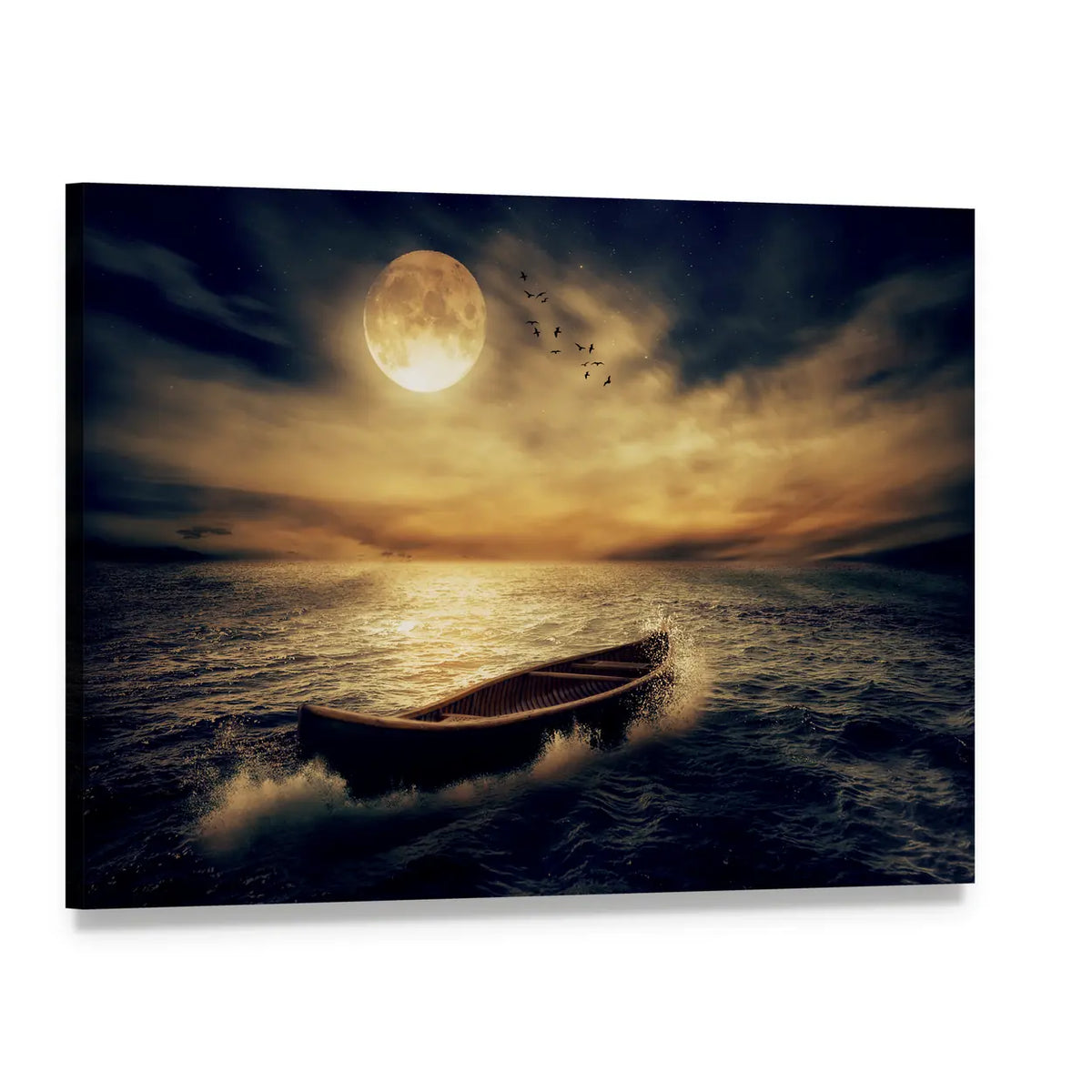 Moonlit Wooden Boat on Open Sea Canvas Wall Art, single panel gallery wrapped canvas, angled product view
