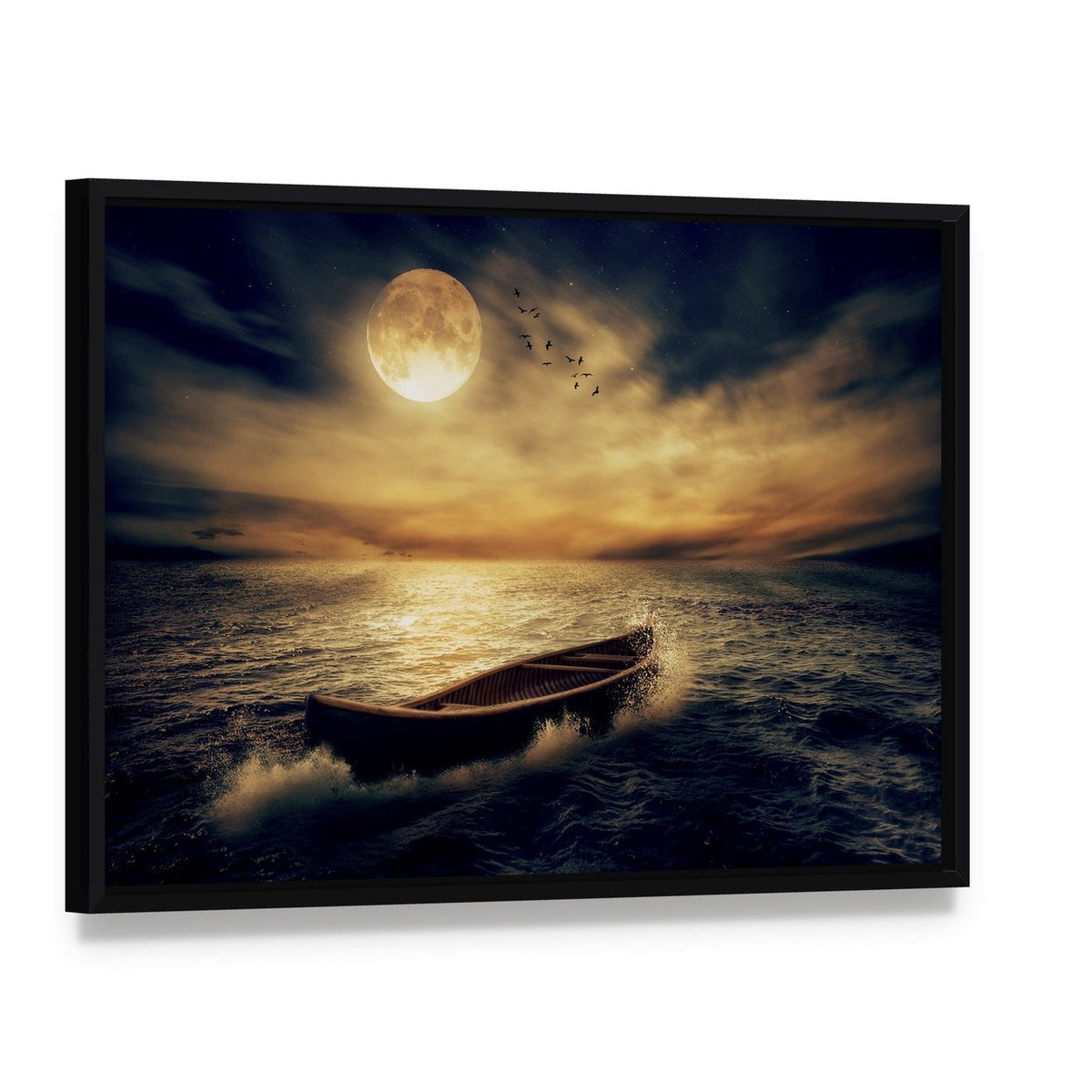 Rowboat Under a Full Moon Canvas Wall Art, framed canvas in a black floater frame, angled product view
