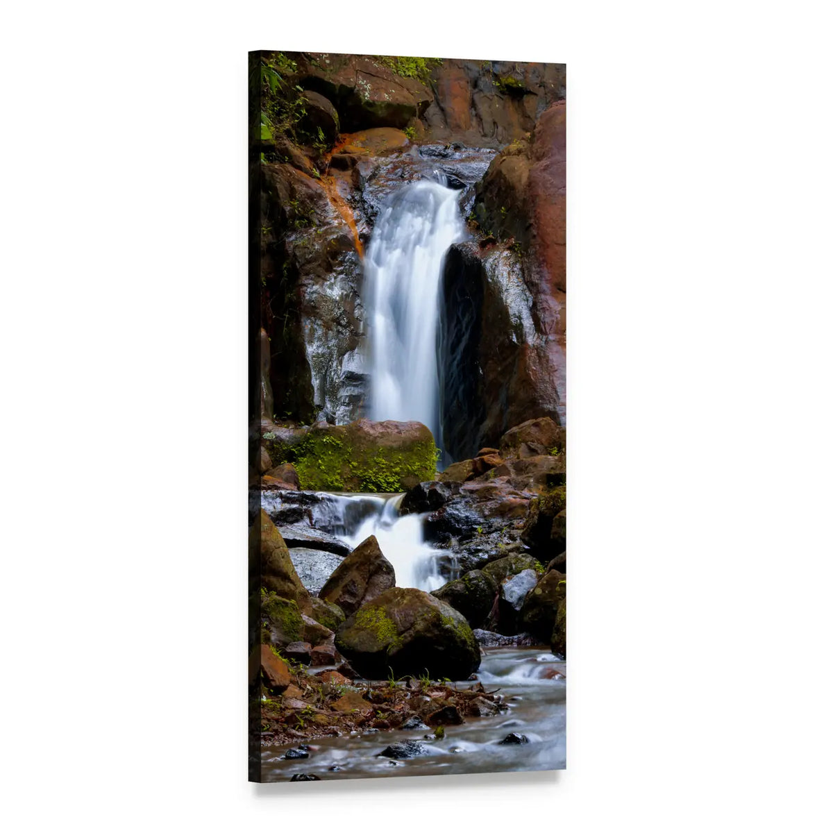 Long Exposure River Waterfall Over Rocks Vertical Canvas Wall Art, 1 panel 1 Vertical layout gallery wrapped canvas set, angled product view
