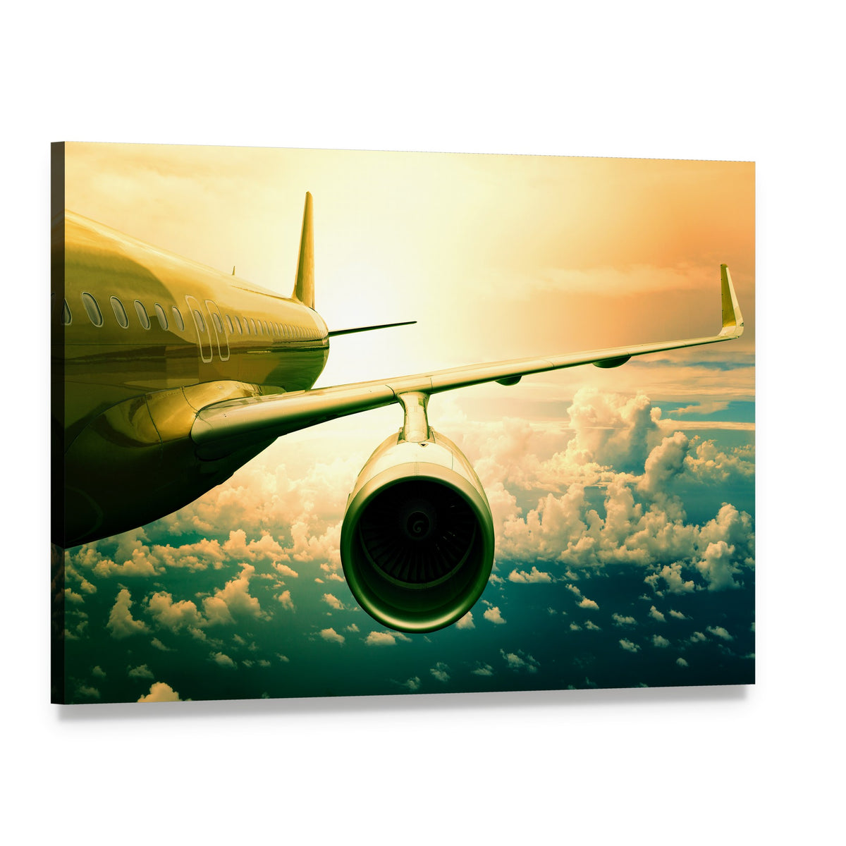 Airplane Wings Flying Above Clouds Canvas Wall Art, single panel gallery wrapped canvas, angled product view