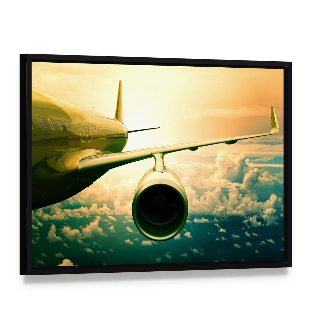 Airplane Wings Flying Above Clouds Canvas Wall Art, framed canvas in a black floater frame, angled product view